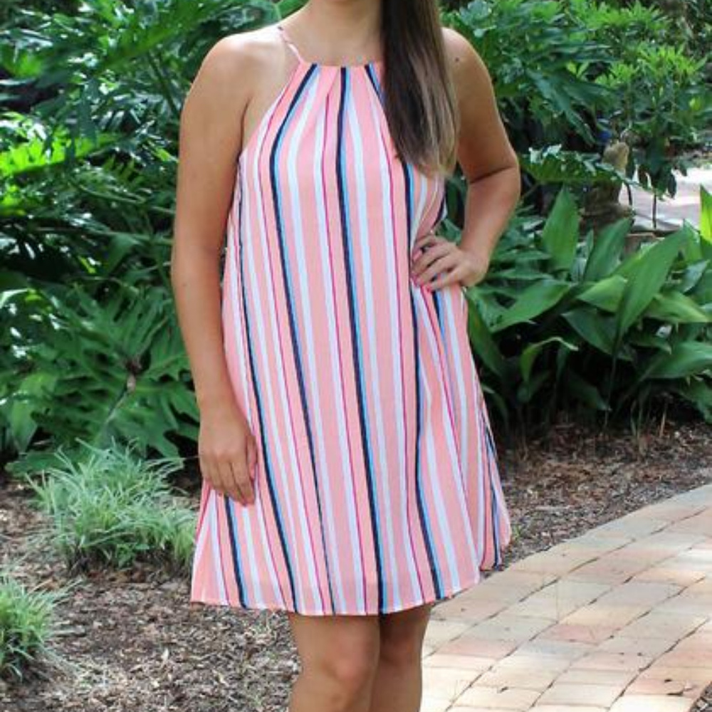 Coral, White, and Blue Striped Dress